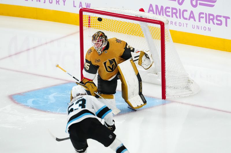 Nov 30, 2024; Las Vegas, Nevada, USA; Utah Hockey Club left wing Michael Carcone (53) scores against Vegas Golden Knights goaltender Ilya Samsonov (35) during the second period at T-Mobile Arena. Mandatory Credit: Stephen R. Sylvanie-Imagn Images