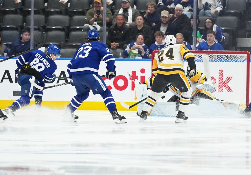 Oct 12, 2024; Toronto, Ontario, CAN; Toronto Maple Leafs right wing William Nylander (88) scores a goal against the Pittsburgh Penguins during the second period at Scotiabank Arena. Mandatory Credit: Nick Turchiaro-Imagn Images