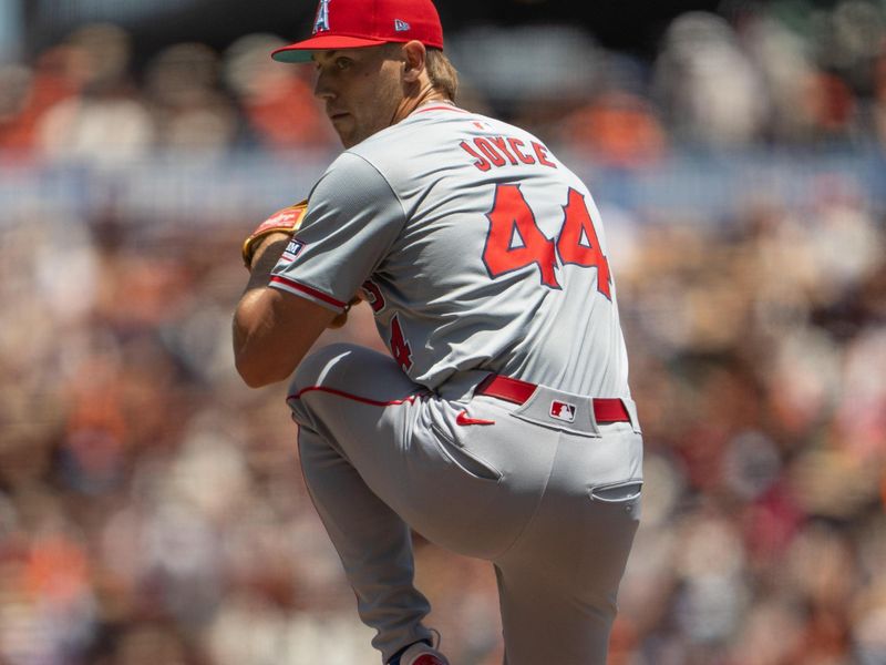 Jun 16, 2024; San Francisco, California, USA;  Los Angeles Angels pitcher Ben Joyce (44) pitches during the first inning against the San Francisco Giants at Oracle Park. Mandatory Credit: Stan Szeto-USA TODAY Sports