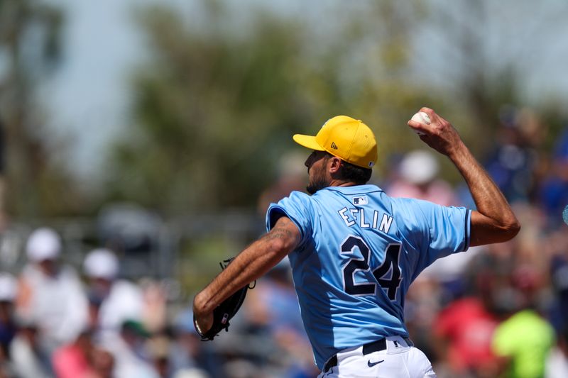 Mar 11, 2024; Port Charlotte, Florida, USA;  Tampa Bay Rays starting pitcher Zach Eflin (24) throws a pitch  against the Toronto Blue Jays in the fourth inning at Charlotte Sports Park. Mandatory Credit: Nathan Ray Seebeck-USA TODAY Sports