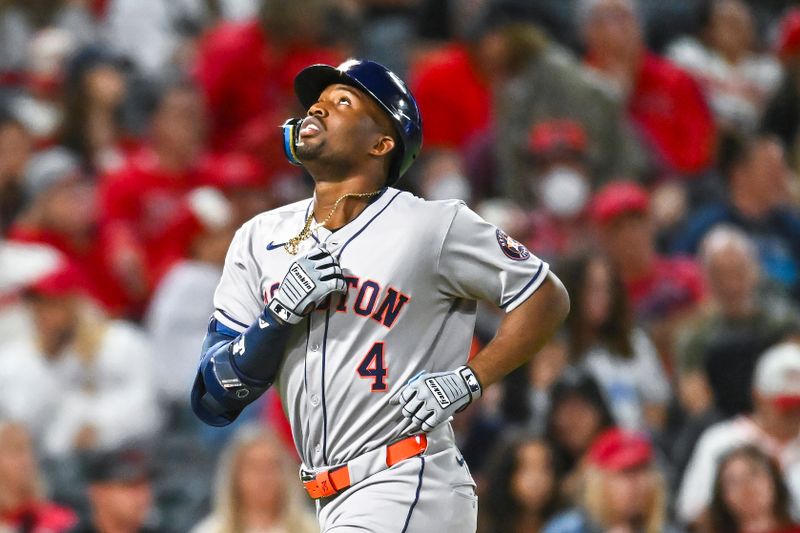 Sep 27, 2025; Anaheim, California, USA; Houston Astros outfielder Jesús Sánchez (4) hits a two run home run against the Los Angeles Angels during the fourth inning at Angel Stadium. Mandatory Credit: Jonathan Hui-Imagn Images