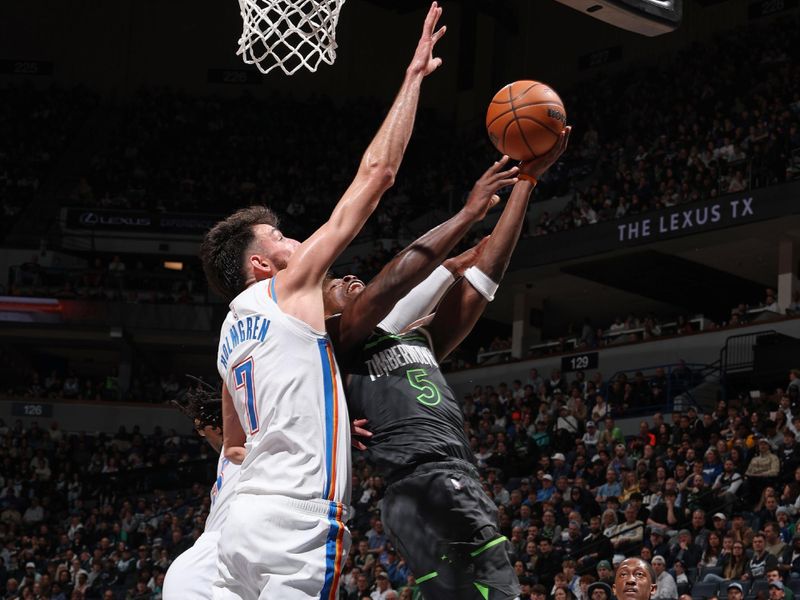 MINNEAPOLIS, MN -  FEBRUARY 23: Anthony Edwards #5 of the Minnesota Timberwolves drives to the basket during the game against the Oklahoma City Thunder on February 23, 2025 at Target Center in Minneapolis, Minnesota. NOTE TO USER: User expressly acknowledges and agrees that, by downloading and or using this Photograph, user is consenting to the terms and conditions of the Getty Images License Agreement. Mandatory Copyright Notice: Copyright 2025 NBAE (Photo by David Sherman/NBAE via Getty Images)