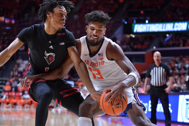 Jan 21, 2024; Champaign, Illinois, USA; Illinois Fighting Illini forward Quincy Guerrier (13) drives the ball against Rutgers Scarlet Knights guard Jamichael Davis (1) during the first half at State Farm Center. Mandatory Credit: Ron Johnson-USA TODAY Sports