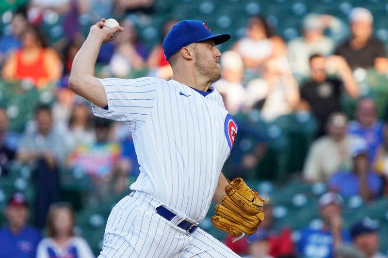 Jul 18, 2023; Chicago, Illinois, USA; Chicago Cubs starting pitcher Jameson Taillon (50) throws the ball against the Washington Nationals during the first inning at Wrigley Field. Mandatory Credit: David Banks-USA TODAY Sports