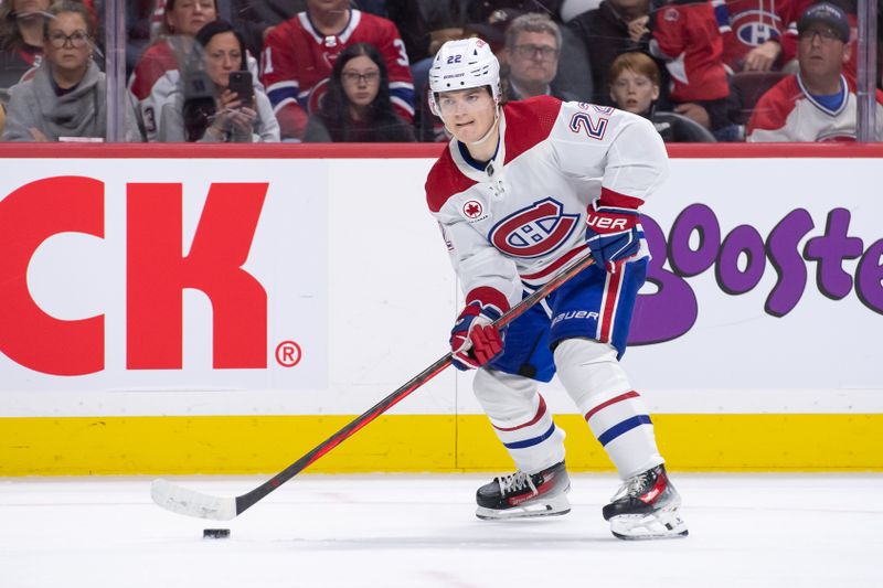 Apr 13, 2024; Ottawa, Ontario, CAN; Montreal Canadiens right wing Cole Caufield (22) skates with the puck in the second period against the Ottawa Senators at the Canadian Tire Centre. Mandatory Credit: Marc DesRosiers-USA TODAY Sports