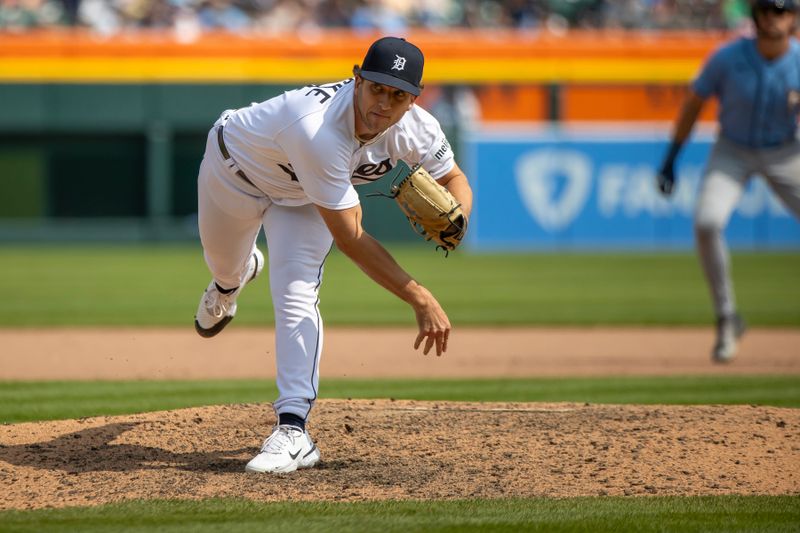 Aug 5, 2023; Detroit, Michigan, USA; Detroit Tigers relief pitcher Beau Brieske (4) throws in the ninth inning against the Tampa Bay Rays at Comerica Park. Mandatory Credit: David Reginek-USA TODAY Sports