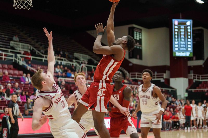 Feb 23, 2023; Stanford, California, USA;  Washington State Cougars guard TJ Bamba (5) shoots the ball against Stanford Cardinal guard Michael Jones (13) during the second half at Maples Pavilion. Mandatory Credit: Neville E. Guard-USA TODAY Sports