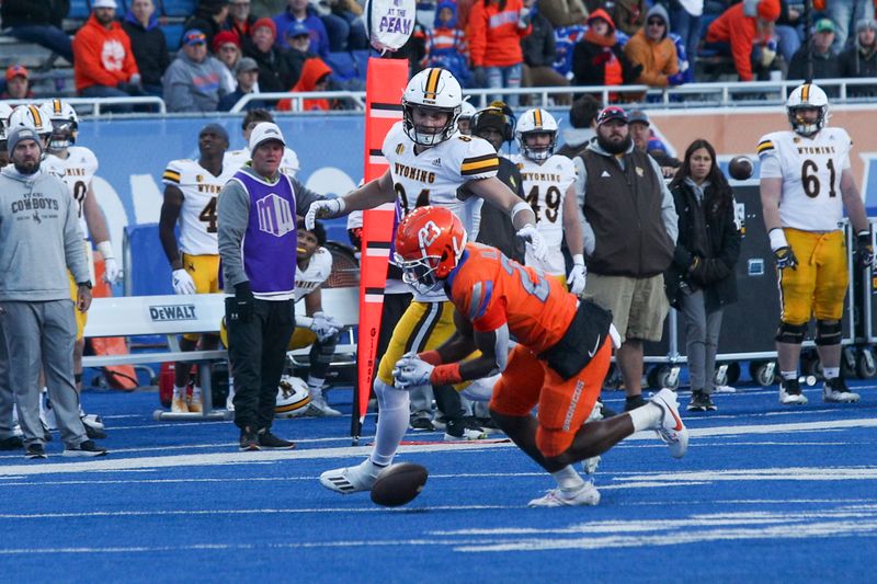 Oct 28, 2023; Boise, Idaho, USA; Boise State Broncos safety Seyi Oladipo (23) drops an interception during the second half against the Wyoming Cowboys at Albertsons Stadium. Mandatory Credit: Brian Losness-USA TODAY Sports

