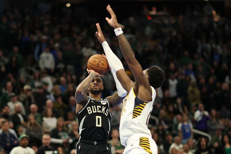 MILWAUKEE, WISCONSIN - NOVEMBER 22: Damian Lillard #0 of the Milwaukee Bucks shoots over Bennedict Mathurin #00 of the Indiana Pacers during the second half of a game in the NBA Emirates Cup at Fiserv Forum on November 22, 2024 in Milwaukee, Wisconsin. NOTE TO USER: User expressly acknowledges and agrees that, by downloading and or using this photograph, User is consenting to the terms and conditions of the Getty Images License Agreement. (Photo by Stacy Revere/Getty Images)