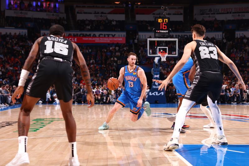 OKLAHOMA CITY, OK - APRIL 10:  Gordon Hayward #33 of the Oklahoma City Thunder handles the ball during the game against the San Antonio Spurs on April 10, 2024 at Paycom Arena in Oklahoma City, Oklahoma. NOTE TO USER: User expressly acknowledges and agrees that, by downloading and or using this photograph, User is consenting to the terms and conditions of the Getty Images License Agreement. Mandatory Copyright Notice: Copyright 2024 NBAE (Photo by Zach Beeker/NBAE via Getty Images)