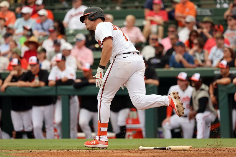 Mar 2, 2024; Sarasota, Florida, USA; Baltimore Orioles first baseman Ryan Mountcastle (6) singles during the fifth inning against the New York Yankees  at Ed Smith Stadium. Mandatory Credit: Kim Klement Neitzel-USA TODAY Sports