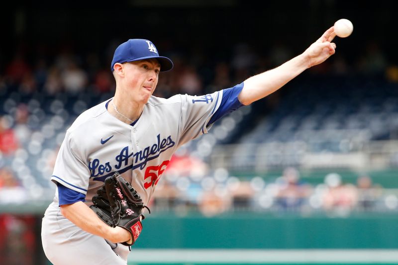 Sep 10, 2023; Washington, District of Columbia, USA; Los Angeles Dodgers starting pitcher Ryan Yarbrough (56) throws the ball in the first inning against the Washington Nationals at Nationals Park. Mandatory Credit: Amber Searls-USA TODAY Sports