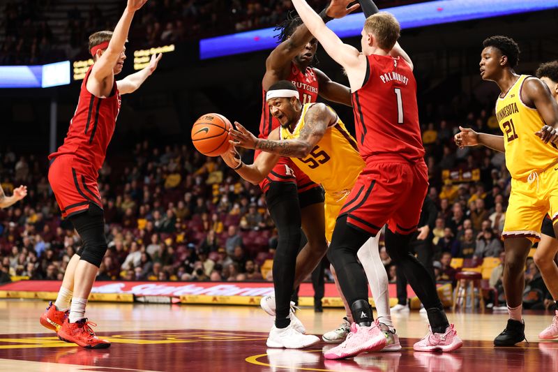 Mar 2, 2023; Minneapolis, Minnesota, USA; Minnesota Golden Gophers guard Ta'lon Cooper (55) passes against the Rutgers Scarlet Knights during the first half at Williams Arena. Mandatory Credit: Matt Krohn-USA TODAY Sports