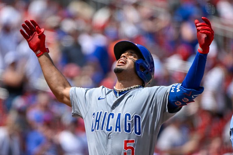 Jul 14, 2024; St. Louis, Missouri, USA;  Chicago Cubs designated hitter Christopher Morel (5) reacts after hitting a solo home run against the St. Louis Cardinals during the sixth inning at Busch Stadium. Mandatory Credit: Jeff Curry-USA TODAY Sports