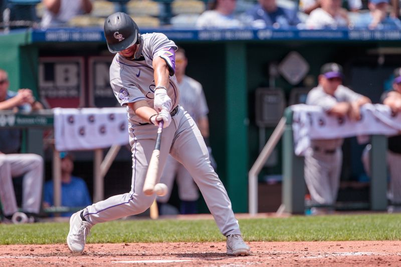 Jun 4, 2023; Kansas City, Missouri, USA; Colorado Rockies center fielder Brenton Doyle (9) at bat during the fifth inning against the Kansas City Royals at Kauffman Stadium. Mandatory Credit: William Purnell-USA TODAY Sports