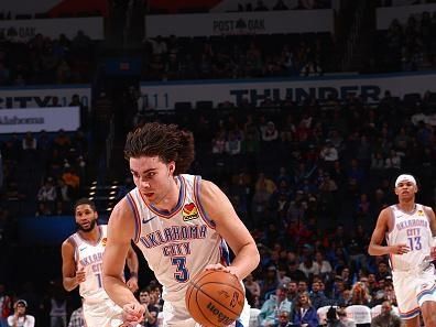 OKLAHOMA CITY, OK - DECEMBER 18:  Josh Giddey #3 of the Oklahoma City Thunder handles the ball during the game against the Memphis Grizzlies on December 18, 2023 at Paycom Arena in Oklahoma City, Oklahoma. NOTE TO USER: User expressly acknowledges and agrees that, by downloading and or using this photograph, User is consenting to the terms and conditions of the Getty Images License Agreement. Mandatory Copyright Notice: Copyright 2023 NBAE (Photo by Zach Beeker/NBAE via Getty Images)