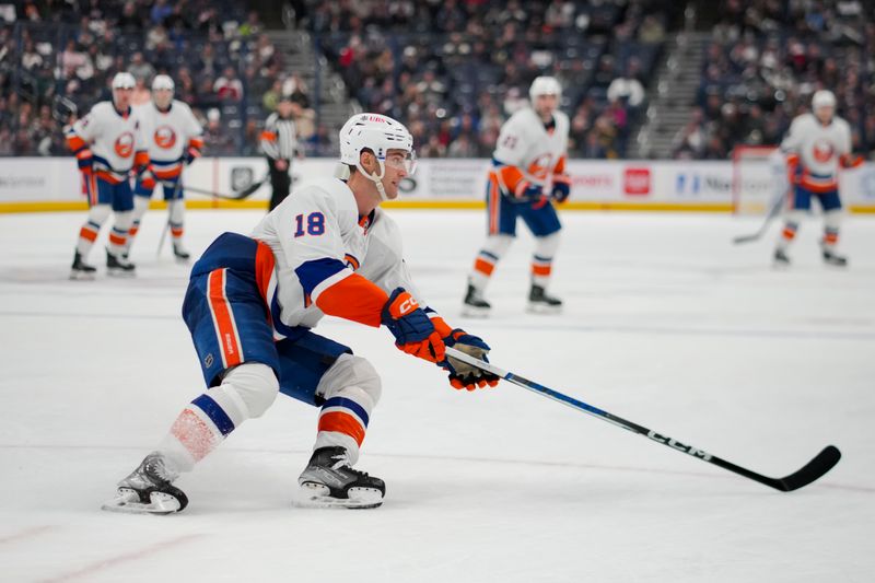 Apr 4, 2024; Columbus, Ohio, USA;  New York Islanders left wing Pierre Engvall (18) skates for the puck against the Columbus Blue Jackets in the third period at Nationwide Arena. Mandatory Credit: Aaron Doster-USA TODAY Sports