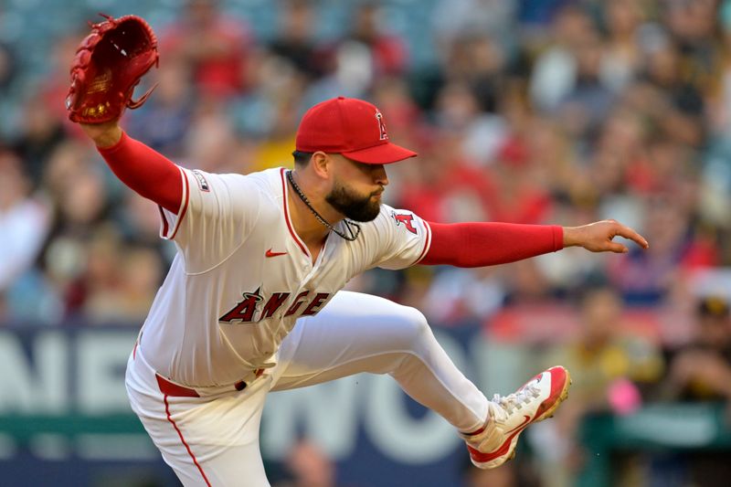 Jun 4, 2024; Anaheim, California, USA;  Los Angeles Angels starting pitcher Patrick Sandoval (43) delivers to the plate in the first inning against the San Diego Padres at Angel Stadium. Mandatory Credit: Jayne Kamin-Oncea-USA TODAY Sports