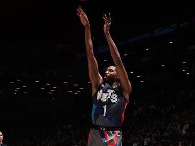 BROOKLYN, NY - DECEMBER 2: Mikal Bridges #1 of the Brooklyn Nets shoots the ball during the game against the Orlando Magic on December 2, 2023 at Barclays Center in Brooklyn, New York. NOTE TO USER: User expressly acknowledges and agrees that, by downloading and or using this Photograph, user is consenting to the terms and conditions of the Getty Images License Agreement. Mandatory Copyright Notice: Copyright 2023 NBAE (Photo by Nathaniel S. Butler/NBAE via Getty Images)