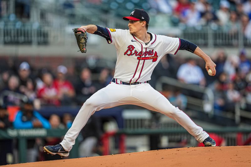 Apr 23, 2024; Cumberland, Georgia, USA; Atlanta Braves pitcher Max Fried (54) pitches against the Miami Marlins during the first inning  at Truist Park. Mandatory Credit: Dale Zanine-USA TODAY Sports