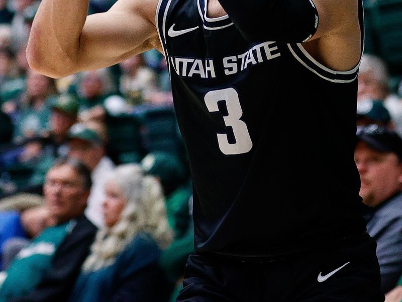 Feb 4, 2023; Fort Collins, Colorado, USA; Utah State Aggies guard Steven Ashworth (3) attempts a shot in the first half against the Colorado State Rams at Moby Arena. Mandatory Credit: Isaiah J. Downing-USA TODAY Sports