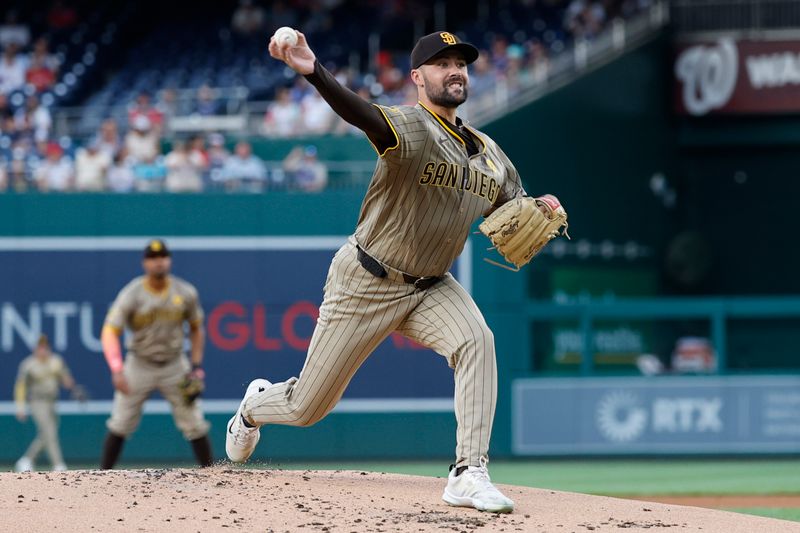 Jul 24, 2024; Washington, District of Columbia, USA; San Diego Padres starting pitcher Matt Waldron (61) pitches against the Washington Nationals during the first inning at Nationals Park. Mandatory Credit: Geoff Burke-USA TODAY Sports