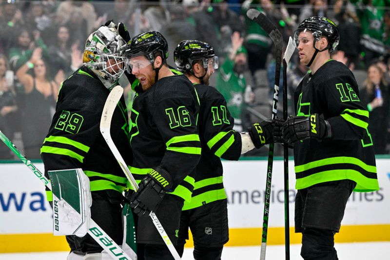 Dec 31, 2022; Dallas, Texas, USA; Dallas Stars goaltender Jake Oettinger (29) and center Joe Pavelski (16) and center Luke Glendening (11) and center Radek Faksa (12) celebrate on the ice after the Stars defeat the San Jose Sharks at the American Airlines Center. Mandatory Credit: Jerome Miron-USA TODAY Sports