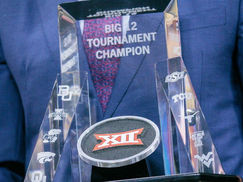 Mar 12, 2023; Kansas City, MO, USA; Big 12 trophy ready to be presented to Iowa State Cyclones after the game [T{ at Municipal Auditorium. Mandatory Credit: William Purnell-USA TODAY Sports