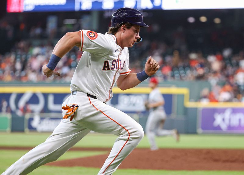 May 22, 2024; Houston, Texas, USA; Houston Astros center fielder Jake Meyers (6) rounds third base and scores a run during the fifth inning against the Los Angeles Angels at Minute Maid Park. Mandatory Credit: Troy Taormina-USA TODAY Sports