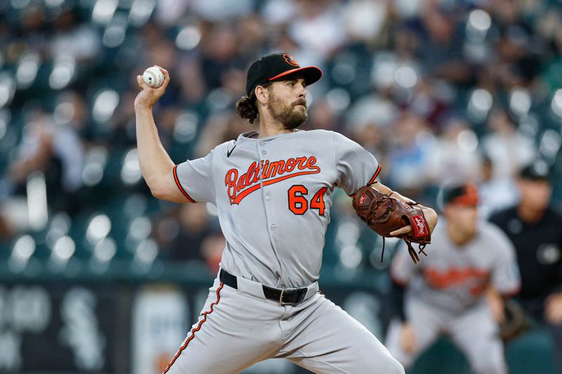 Sep 16, 2025; Chicago, Illinois, USA; Baltimore Orioles starting pitcher Dean Kremer (64) delivers a pitch against the Chicago White Sox during the first inning at Rate Field. Mandatory Credit: Kamil Krzaczynski-Imagn Images