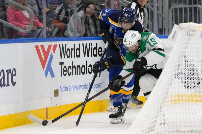 Oct 18, 2025; St. Louis, Missouri, USA; St. Louis Blues right wing Mathieu Joseph (71) battles for the puck against Dallas Stars center Colin Blackwell (15) during the first period at Enterprise Center. Mandatory Credit: Jeff Le-Imagn Images
