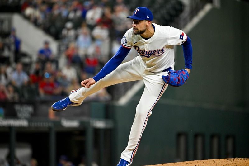 Jun 3, 2024; Arlington, Texas, USA; Texas Rangers starting pitcher Nathan Eovaldi (17) pitches against the Detroit Tigers during the first inning at Globe Life Field. Mandatory Credit: Jerome Miron-USA TODAY Sports