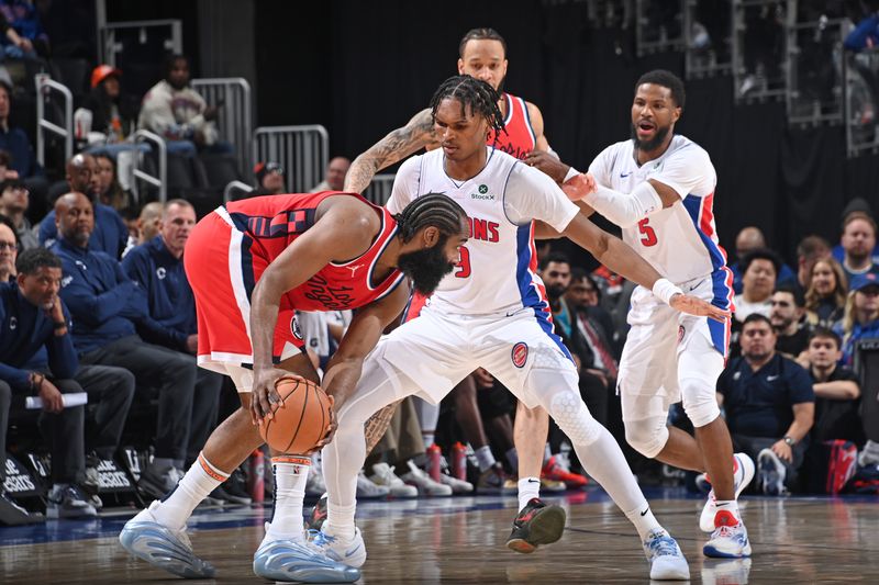 DETROIT, MI - FEBRUARY 24: James Harden #1 of the LA Clippers handles the ball during the game against the Detroit Pistons on February 24, 2025 at Little Caesars Arena in Detroit, Michigan. NOTE TO USER: User expressly acknowledges and agrees that, by downloading and/or using this photograph, User is consenting to the terms and conditions of the Getty Images License Agreement. Mandatory Copyright Notice: Copyright 2025 NBAE (Photo by Chris Schwegler/NBAE via Getty Images)