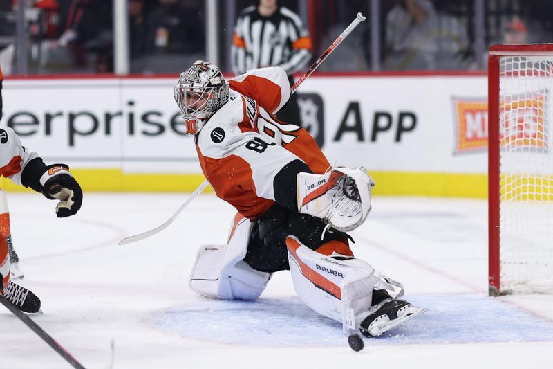 Jan 8, 2026; Philadelphia, Pennsylvania, USA; Philadelphia Flyers goaltender Dan Vladar (80) makes a saveagainst the Toronto Maple Leafs during the second period at Xfinity Mobile Arena. Mandatory Credit: Bill Streicher-Imagn Images