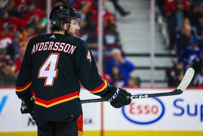 Jan 21, 2023; Calgary, Alberta, CAN; Calgary Flames defenseman Rasmus Andersson (4) skates during the third period against the Tampa Bay Lightning at Scotiabank Saddledome. Mandatory Credit: Sergei Belski-USA TODAY Sports