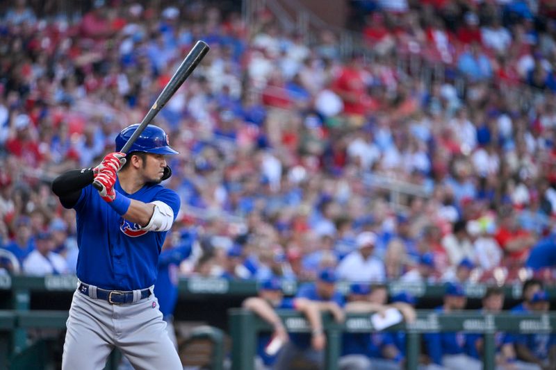 Jul 28, 2023; St. Louis, Missouri, USA;  Chicago Cubs right fielder Seiya Suzuki (27) bats against the St. Louis Cardinals during the first inning at Busch Stadium. Mandatory Credit: Jeff Curry-USA TODAY Sports