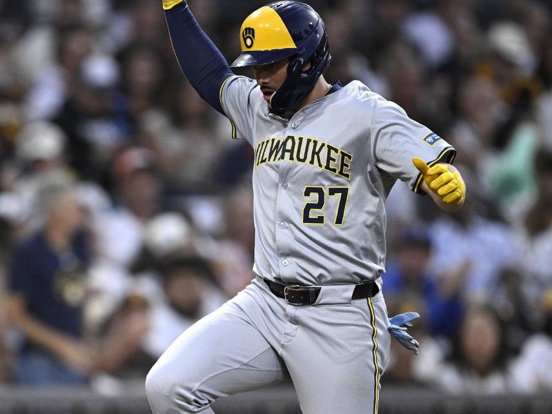 Jun 20, 2024; San Diego, California, USA; Milwaukee Brewers shortstop Willy Adames (27) celebrates after hitting a two-run home run against the San Diego Padres during the fifth inning at Petco Park. Mandatory Credit: Orlando Ramirez-USA TODAY Sports