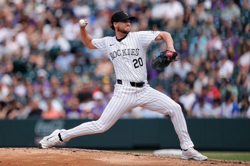 Aug 11, 2024; Denver, Colorado, USA; Colorado Rockies relief pitcher Peter Lambert (20) pitches in the fifth inning against the Atlanta Braves at Coors Field. Mandatory Credit: Isaiah J. Downing-USA TODAY Sports