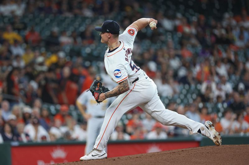 Jul 30, 2024; Houston, Texas, USA; Houston Astros starting pitcher Hunter Brown (58) delivers a pitch during the first inning against the Pittsburgh Pirates at Minute Maid Park. Mandatory Credit: Troy Taormina-USA TODAY Sports