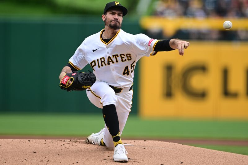 May 4, 2025; Pittsburgh, Pennsylvania, USA; Pittsburgh Pirates starting pitcher Andrew Heaney (45) throws a pitch during the first inning against the San Diego Padres at PNC Park. Mandatory Credit: David Dermer-Imagn Images