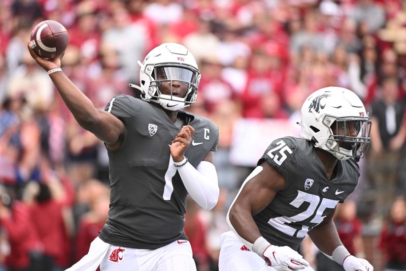 Sep 23, 2023; Pullman, Washington, USA; Washington State Cougars quarterback Cameron Ward (1) throws a pass against the Oregon State Beavers in the first half at Gesa Field at Martin Stadium. Mandatory Credit: James Snook-USA TODAY Sports