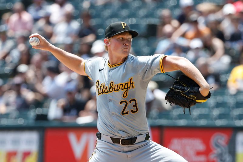 Jul 14, 2024; Chicago, Illinois, USA; Pittsburgh Pirates starting pitcher Mitch Keller (23) delivers a pitch against the Chicago White Sox during the first inning at Guaranteed Rate Field. Mandatory Credit: Kamil Krzaczynski-USA TODAY Sports