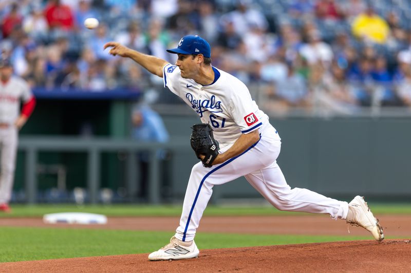 Aug 6, 2024; Kansas City, Missouri, USA;  Kansas City Royals pitcher Seth Lugo (67) pitches during the first inning against the Boston Red Sox at Kauffman Stadium. Mandatory Credit: William Purnell-USA TODAY Sports