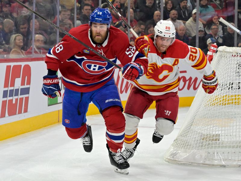 Nov 5, 2024; Montreal, Quebec, CAN; Montreal Canadiens defenseman David Savard (58) and Calgary Flames forward Blake Coleman (20) chase the puck during the first period at the Bell Centre. Mandatory Credit: Eric Bolte-Imagn Images