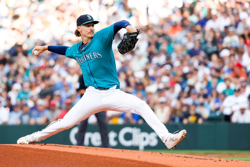 Aug 3, 2024; Seattle, Washington, USA; Seattle Mariners starting pitcher Bryce Miller (50) throws against the Philadelphia Phillies during the first inning at T-Mobile Park. Mandatory Credit: Joe Nicholson-USA TODAY Sports