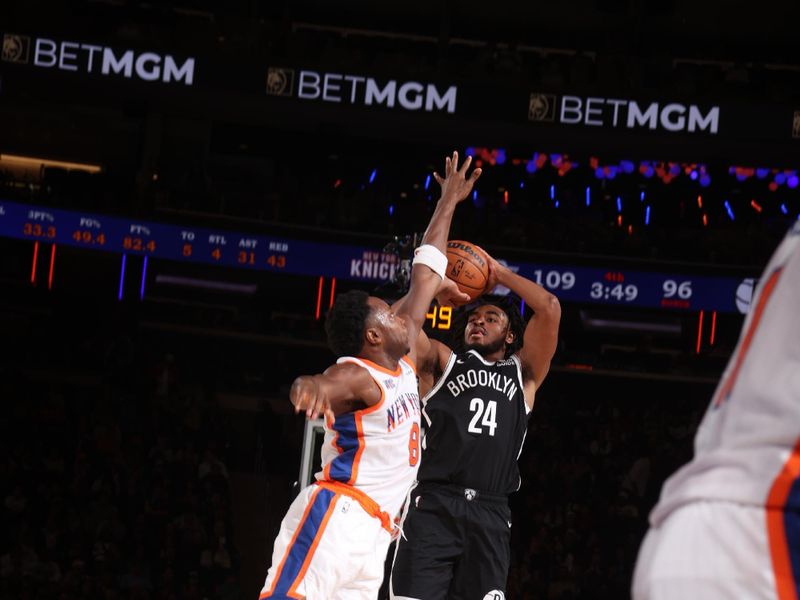 NEW YORK, NY - NOVEMBER 17: Cam Thomas #24 of the Brooklyn Nets shoots a three point basket during the game against the New York Knicks on November 17, 2024 at Madison Square Garden in New York City, New York.  NOTE TO USER: User expressly acknowledges and agrees that, by downloading and or using this photograph, User is consenting to the terms and conditions of the Getty Images License Agreement. Mandatory Copyright Notice: Copyright 2024 NBAE  (Photo by Nathaniel S. Butler/NBAE via Getty Images)