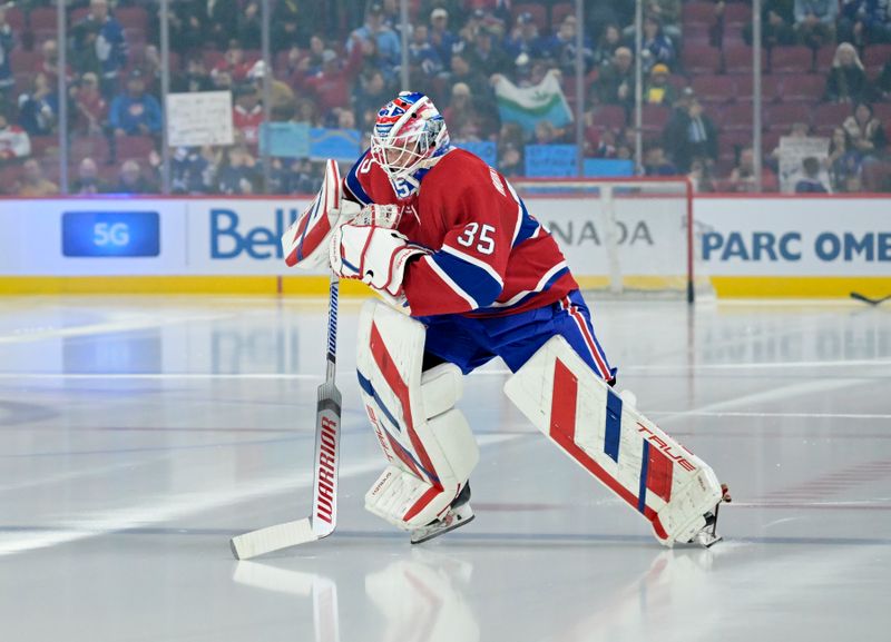 Mar 9, 2024; Montreal, Quebec, CAN; Montreal Canadiens goalie Sam Montembeault (35) skates during the warm up period before the game against the Toronto Maple Leafs at the Bell Centre. Mandatory Credit: Eric Bolte-USA TODAY Sports