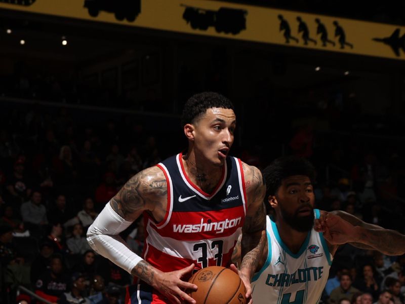 WASHINGTON, DC -? MARCH 8:  Kyle Kuzma #33 of the Washington Wizards goes to the basket during the game on March 8, 2024 at Capital One Arena in Washington, DC. NOTE TO USER: User expressly acknowledges and agrees that, by downloading and or using this Photograph, user is consenting to the terms and conditions of the Getty Images License Agreement. Mandatory Copyright Notice: Copyright 2024 NBAE (Photo by Stephen Gosling/NBAE via Getty Images)