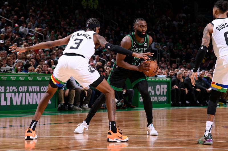 BOSTON, MA - DECEMBER 23: Jaylen Brown #7 of the Boston Celtics handles the ball during the game against the Minnesota Timberwolves on December 23, 2022 at the TD Garden in Boston, Massachusetts.  NOTE TO USER: User expressly acknowledges and agrees that, by downloading and or using this photograph, User is consenting to the terms and conditions of the Getty Images License Agreement. Mandatory Copyright Notice: Copyright 2022 NBAE  (Photo by Brian Babineau/NBAE via Getty Images)