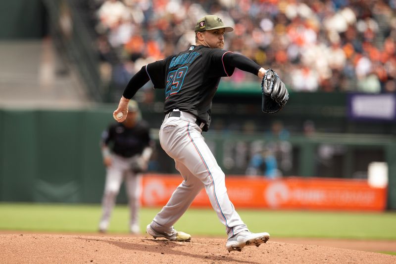 May 20, 2023; San Francisco, California, USA; Miami Marlins starting pitcher Braxton Garrett (29) delivers a pitch against the San Francisco Giants during the first inning at Oracle Park. Mandatory Credit: D. Ross Cameron-USA TODAY Sports